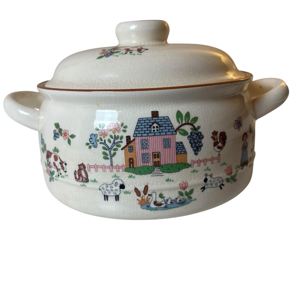 Vintage Farmhouse Country Cottage Ceramic Covered Casserole Dish Barn Sheep